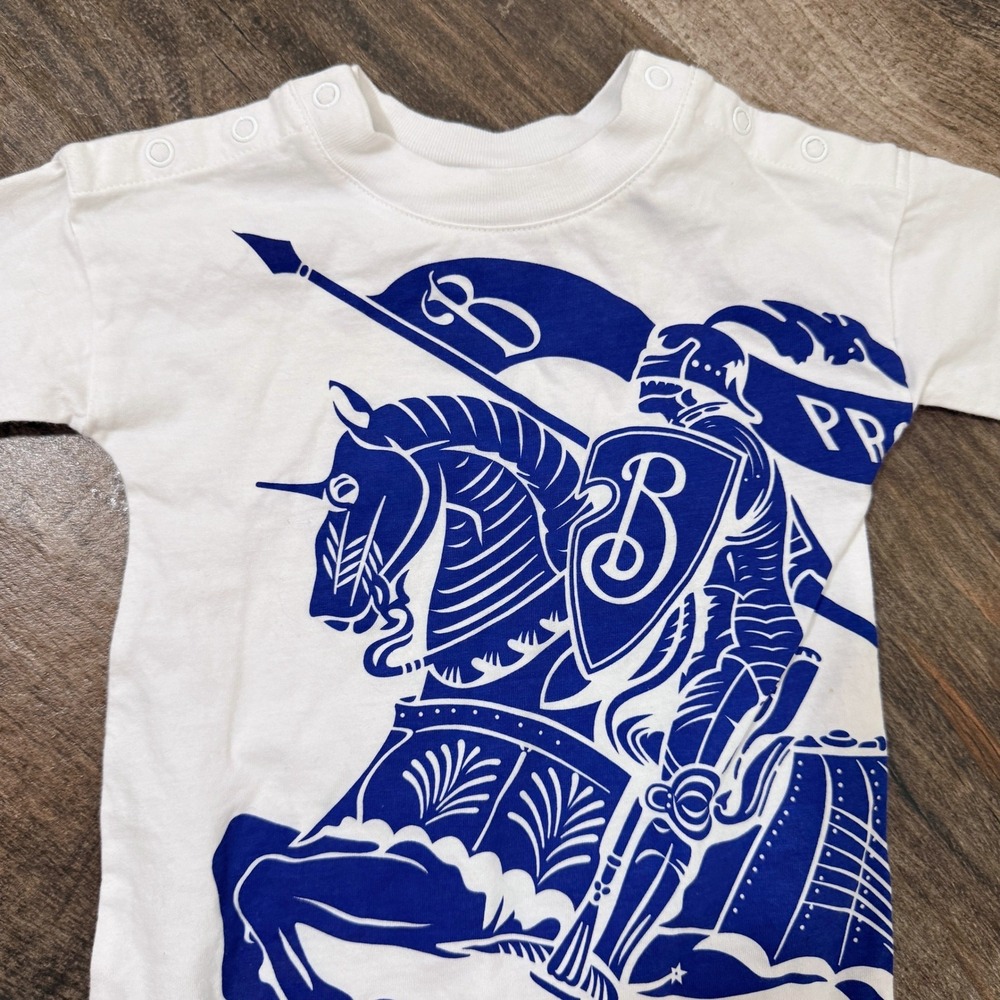 BURBERRY Baby Equestrian Knight Design Cotton Jumpsuit Romper, White Blue,3M - Picture 3 of 12